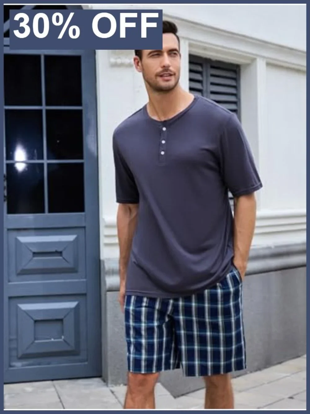 Men's Pajama Set Henley Collar, Breathable Bamboo Viscose & Cotton Short Sleeve